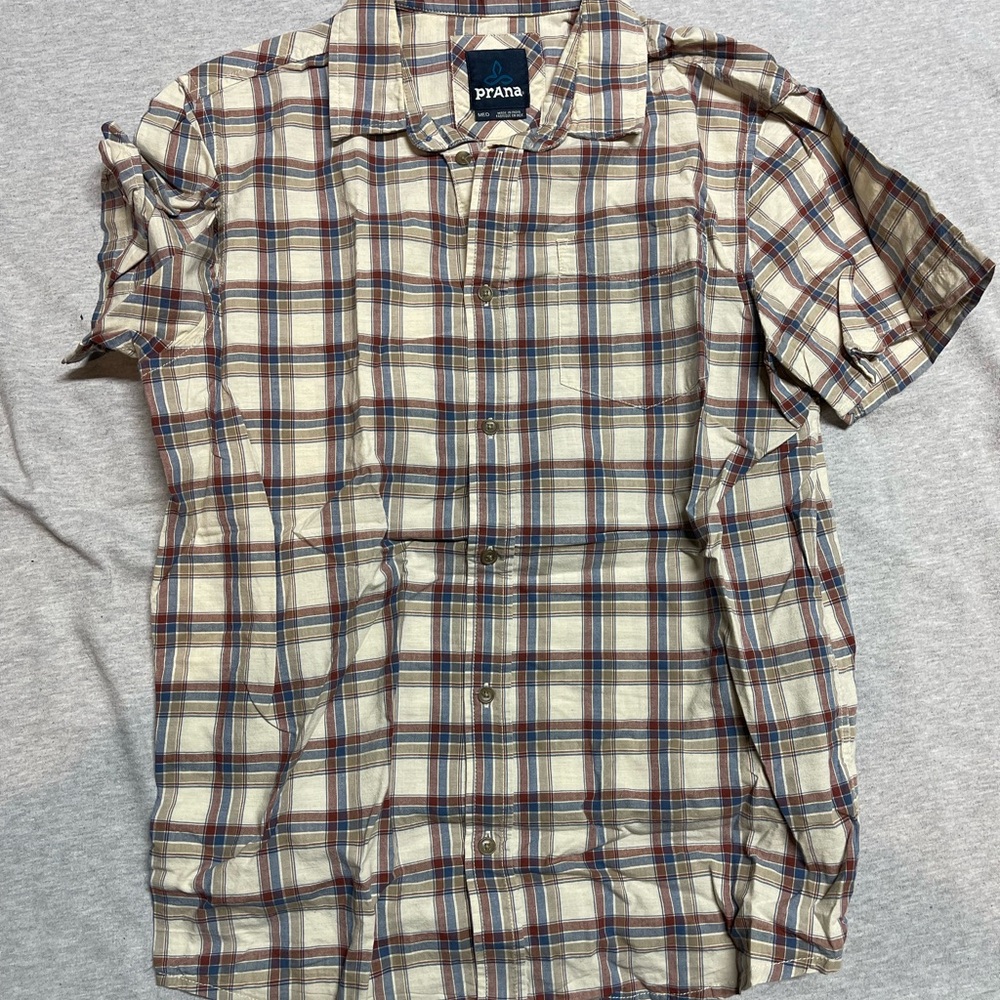 Prana Men's Plaid Button Down Shirt - Cream and Blue